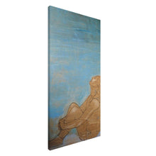 Load image into Gallery viewer, Breathe – canvas print by Mehlika Tanriverdi, showing a woman sitting in stillness, looking upward, surrounded by calm blue tones on a wooden texture, evoking presence and peace