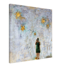 Load image into Gallery viewer, Die Sternenbläserin – a woman blowing golden stars into the sky like wishes into the Universe, canvas print of a magical self-portrait by Mehlika Tanriverdi