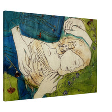 Load image into Gallery viewer, Dreams Are My Reality – canvas print by Mehlika Tanriverdi, showing two figures resting closely together with eyes closed, surrounded by soft green and blue tones and delicate blossoms, evoking intimacy and dreamlike connection
