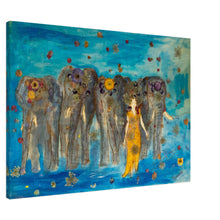 Load image into Gallery viewer, Elephants & Castles – canvas print by Mehlika Tanriverdi, featuring a woman in a golden dress walking with elephants, surrounded by real pressed flowers, symbolizing universal support and divine purpose