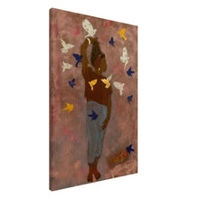Load image into Gallery viewer, Experience – canvas print by Mehlika Tanriverdi, showing a woman standing in still power, surrounded by bird shapes in white, blue and gold on a textured background – created with blossoms, wax, spray paint and pigment