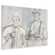 Load image into Gallery viewer, Gentleman’s Club – canvas print by Mehlika Tanriverdi showing two men in conversation over tea, inspired by the Kray Twins, printed on high-quality canvas in two sizes.