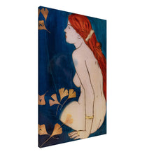 Load image into Gallery viewer, Ginkgo – Lady in Red canvas print by Mehlika Tanriverdi, showing a red-haired nude woman sitting in stillness, surrounded by golden ginkgo leaves – evoking softness, honesty and presence.