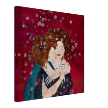 Lade das Bild in den Galerie-Viewer, If I Could – canvas print of a mother and daughter in a loving embrace, surrounded by blossoms and gold on red background, by Mehlika Tanriverdi