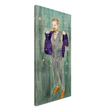 Lade das Bild in den Galerie-Viewer, Lukas A La Hodler – canvas print by Mehlika Tanriverdi, inspired by Ferdinand Hodler, showing a man in transition with gold discs and floral details, printed on high-quality canvas.