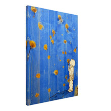 Load image into Gallery viewer, Make A Wish – canvas print by Mehlika Tanriverdi, showing a child gazing at golden dandelions floating across a vivid blue sky, inviting magic, wonder, and the power of wishing