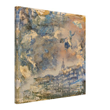 Lade das Bild in den Galerie-Viewer, Mary Poppins in Tübingen – canvas print of magical figure flying over the city skyline with umbrella, golden-pigmented clouds above, by Mehlika Tanriverdi