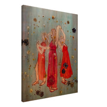 Load image into Gallery viewer, Midsummer – canvas print of three dancing women in red dresses surrounded by real blossoms, on wood-inspired background by Mehlika Tanriverdi