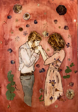 Load image into Gallery viewer, Palast der Götter – canvas print reproduction of an original mixed media artwork by Mehlika Tanriverdi, showing a man kissing a woman’s hand among pressed flowers on a rose-hued background.
