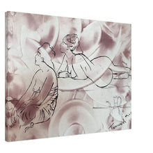 Load image into Gallery viewer, Salon Des Femmes – canvas print by Mehlika Tanriverdi, showing two women resting in stillness against a softly blooming, rose-toned background, radiating feminine elegance and presence