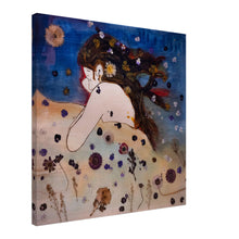Load image into Gallery viewer, Sleeping Beauty – fine art canvas print by Mehlika Tanriverdi, showing a woman resting under a starry night sky surrounded by blossoms, symbolizing peace, stillness, and the beauty of simply being.