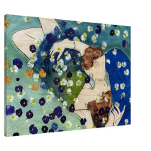 Load image into Gallery viewer, Song Of Violets – canvas print by Mehlika Tanriverdi, showing two lovers lying embraced among a sea of pressed violets and blossoms on green-blue tones, evoking intimacy, tenderness and timeless beauty