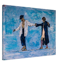 Lade das Bild in den Galerie-Viewer, Take It by the Hand – poetic canvas print by Mehlika Tanriverdi, showing two figures playfully balancing together on a blue dreamlike background, symbolizing trust, connection and the dance of life