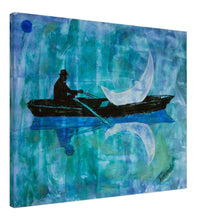 Lade das Bild in den Galerie-Viewer, The Boatman’s Call – canvas print of a man rowing a boat under the moonlight with a luminous crescent moon on board, artwork by Mehlika Tanriverdi