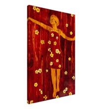 Load image into Gallery viewer, There Is Magic in Every Beginning – canvas print by Mehlika Tanriverdi, showing a woman with open arms in front of a red background with blossoms
