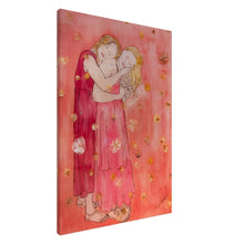 Load image into Gallery viewer, Vulnerability on Canvas – fine art print by Mehlika Tanriverdi, showing two women embracing in softness and trust, surrounded by pressed blossoms