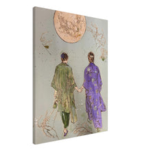 Lade das Bild in den Galerie-Viewer, You Are All I Need – canvas print by Mehlika Tanriverdi showing two figures in traditional garments walking hand in hand beneath a flower-filled full moon, created originally with pyrography and embedded blossoms in resin on wood