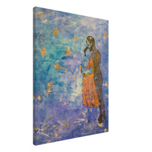 Load image into Gallery viewer, Infinity on Canvas – canvas print by Mehlika Tanriverdi, showing a couple in a soulful embrace against a swirling blue and golden sky-like background