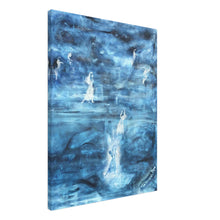 Lade das Bild in den Galerie-Viewer, …Und Wenn Sie Tanzt – canvas print by Mehlika Tanriverdi, featuring a white-clad dancing figure rising into the heavens on a sea of blue oil brushstrokes, evoking freedom, transcendence and feminine ecstasy.