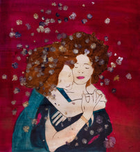 Load image into Gallery viewer, If I Could – original artwork on wood by Mehlika Tanriverdi, showing two embracing figures surrounded by blossoms on a deep red background.