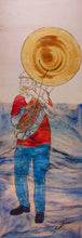 Load image into Gallery viewer, Soulfood – original artwork on wood by Mehlika Tanriverdi, showing a man with a golden sousaphone, dressed in red and blue, standing in flowing waves of sound, symbolizing rhythm, joy, and the pulse of life.