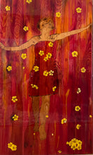 Load image into Gallery viewer, There Is Magic in Every Beginning – original diptych artwork on wood by Mehlika Tanriverdi, showing two mirrored female figures surrounded by pressed buttercups on deep red wood, symbolizing the magic and courage of new beginnings.