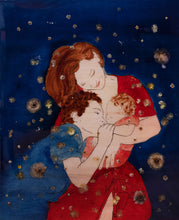 Load image into Gallery viewer, We Are Family – original artwork on wood with epoxy by Mehlika Tanriverdi, showing three figures in a tender embrace under a deep blue night sky with golden blossoms.