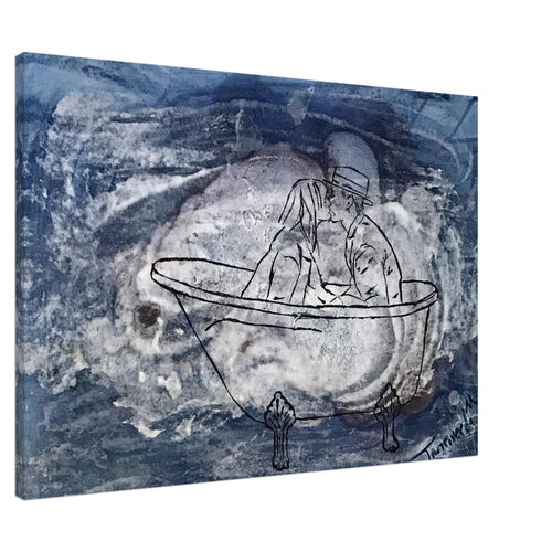 A Million Days – canvas print by Mehlika Tanriverdi, showing a couple in a bathtub overlaid by a dreamlike cloud of handmade paper, with soft blue and grey tones creating a layered, intimate atmosphere