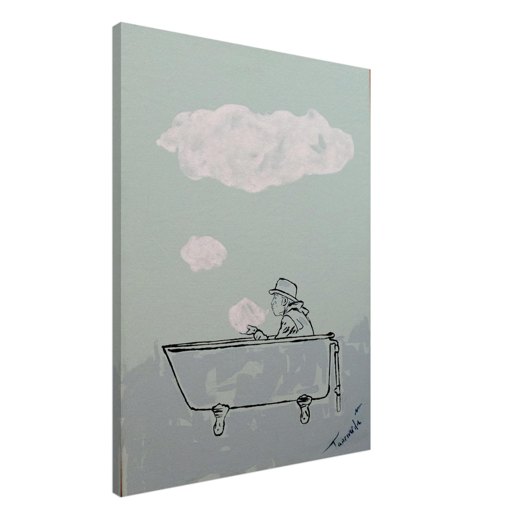 Dreamblower – fine art canvas print by Mehlika Tanriverdi, showing a man sitting in a bathtub blowing clouds into the sky, created with coffee pigment and handmade paper, symbolizing imagination, creation, and the magic of being.