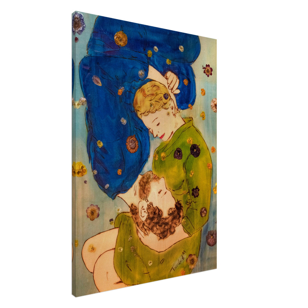 Heaven Up There – canvas print by Mehlika Tanriverdi, showing two lovers in a peaceful embrace, surrounded by real flowers embedded in epoxy resin, inspired by tenderness, trust, and divine connection.