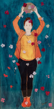 Lade das Bild in den Galerie-Viewer, I Am The Source – original artwork on wood by Mehlika Tanriverdi, showing a woman in a red dress holding a basket of blossoms above her head, pouring them over herself, symbolizing creation, abundance, and self-empowerment.
