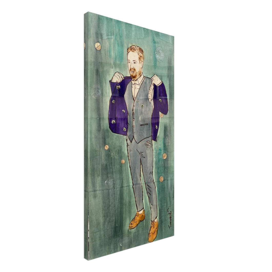 Lukas A La Hodler – canvas print by Mehlika Tanriverdi, inspired by Ferdinand Hodler, showing a man in transition with gold discs and floral details, printed on high-quality canvas.