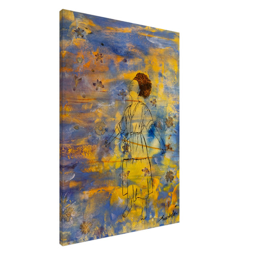 Now Is The Space – canvas print by Mehlika Tanriverdi, showing a woman standing in stillness on a golden-blue background with blossoms, surrounded by light and breath-like textures