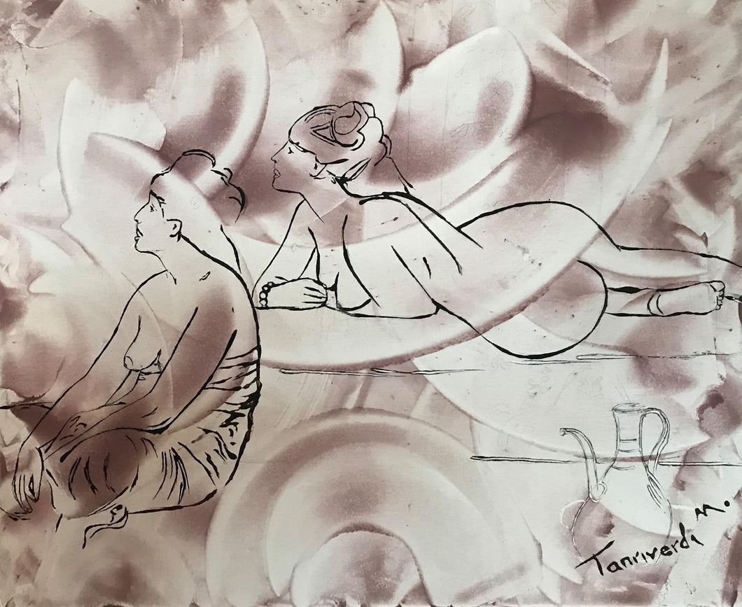 Salon des Femmes – original pulp and coffee artwork on canvas by Mehlika Tanriverdi, showing two women sitting together in a warm hamam scene, surrounded by soft textured steam-like surfaces.