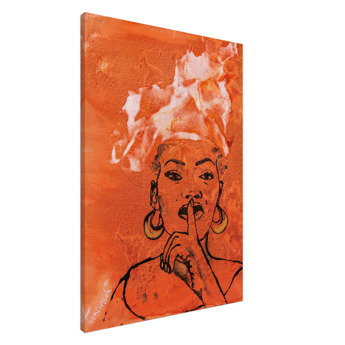 Shush – Just For Me, Just For Fun, Don’t Tell Anyone! – canvas print by Mehlika Tanriverdi, showing a confident woman with golden earrings, finger to her lips, whispering the secret of sovereign joy, set on a fiery textured background of rust and red.