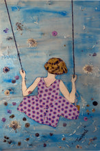 Load image into Gallery viewer, Swingtime – original mixed media artwork on wood by Mehlika Tanriverdi, showing a woman from behind sitting on a swing, surrounded by real dried flowers on a blue background.
