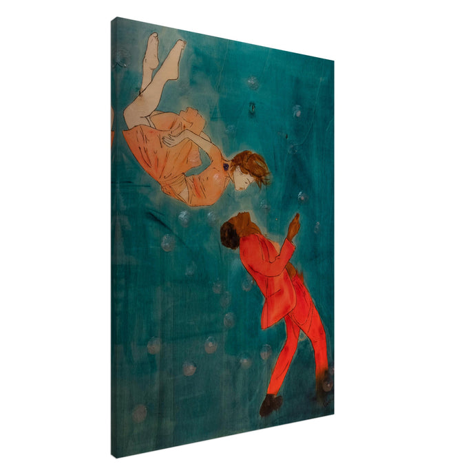 Attraction – canvas print of two figures floating toward each other in a turquoise field, surrounded by shells and blossoms, symbolizing connection, energy, and desire.
