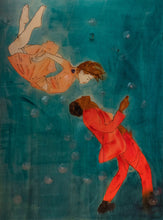 Lade das Bild in den Galerie-Viewer, Attraction – original artwork on wood by Mehlika Tanriverdi, showing two figures drawn toward each other through invisible force, surrounded by shells -giving the impression of underwater, symbolizing the magnetic dance of energy and desire.
