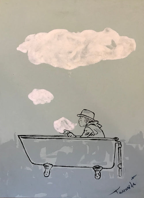Dreamblower – original artwork on canvas by Mehlika Tanriverdi, showing a man sitting in a bathtub blowing clouds into the sky, created with coffee pigment and handmade paper, symbolizing imagination, creation, and the poetry of being.