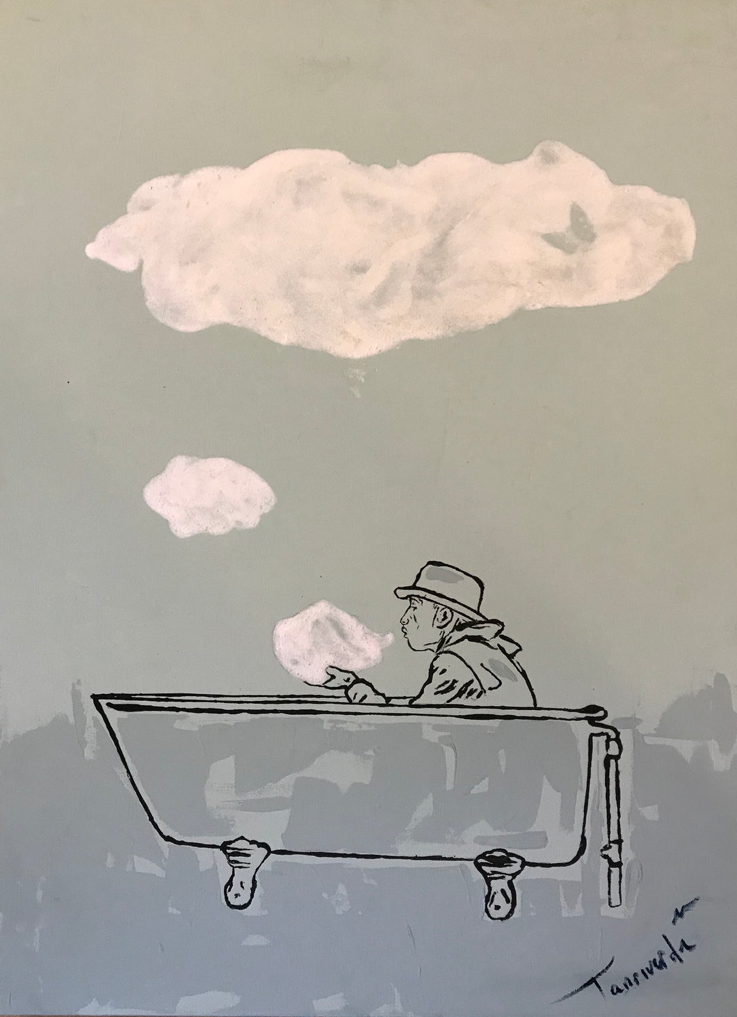 Dreamblower – original artwork on canvas by Mehlika Tanriverdi, showing a man sitting in a bathtub blowing clouds into the sky, created with coffee pigment and handmade paper, symbolizing imagination, creation, and the poetry of being.
