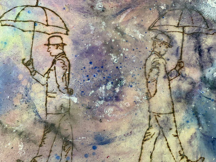 Everything Is The Opposite Of What It Appears To Be – original artwork on wood by Mehlika Tanriverdi, showing two gentlemen with umbrellas walking in opposite directions, layered with translucent resin and pigments, symbolizing paradox, perception, and the freedom beyond judgment.