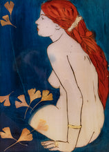 Load image into Gallery viewer, Gingko Lady – pyrography artwork by Mehlika Tanriverdi, showing a red-haired nude woman in a turquoise setting with embedded ginkgo leaves and golden details on wood.
