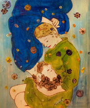 Lade das Bild in den Galerie-Viewer, Heaven Up There – original artwork on wood by Mehlika Tanriverdi, showing two lovers resting in an intimate embrace beneath a celestial blue sky, surrounded by real blossoms embedded in resin, symbolizing trust, love, and divine connection.
