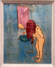 Load image into Gallery viewer, I Put a Spell on You – original artwork on wood by Mehlika Tanriverdi, showing a woman brushing her hair in front of a mirror with pressed flowers in resin, symbolizing intimacy and transformation.
