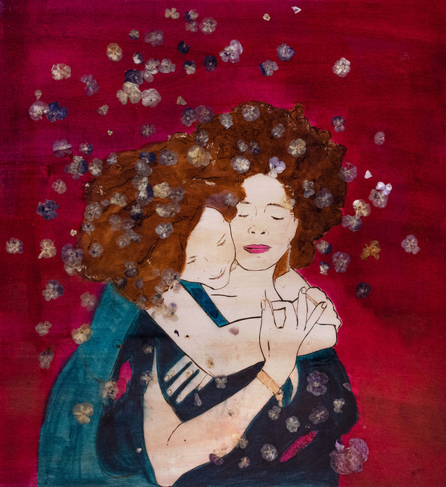 If I Could – original artwork on wood by Mehlika Tanriverdi, showing two embracing figures surrounded by blossoms on a deep red background.