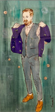 Load image into Gallery viewer, Lukas A La Hodler – original artwork on wood by Mehlika Tanriverdi, showing a man taking off his jacket against a green background, symbolizing transformation, presence, and quiet confidence.
