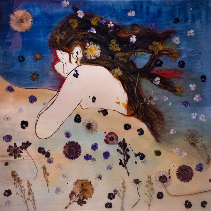 Sleeping Beauty – original artwork on wood by Mehlika Tanriverdi, showing a resting female figure surrounded by blossoms and stars, blending dream, serenity, and cosmic beauty.