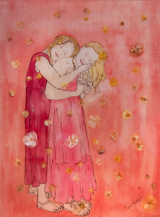 Vulnerability – original artwork on wood by Mehlika Tanriverdi, showing a tender female figure held in light and blossoms, symbolizing softness, trust, and surrender. Vulnerability as superpower.