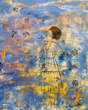 Load image into Gallery viewer, Now is the Space – original artwork on canvas by Mehlika Tanriverdi, feminine figure surrounded by pressed flowers in a blue-gold sky of possibilities.
